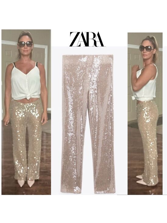 Zara Pants - Zara champagne gold sequin embellished sparkly knit dress pants pull on L NWOT